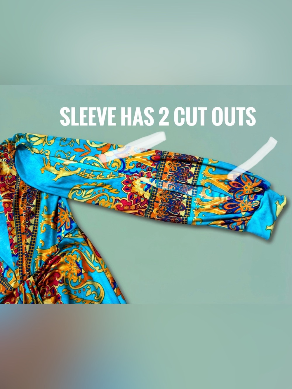 Vibrant Turquoise & Gold Print Maxi Dress with Deep V-Neck - Picture 16 of 16